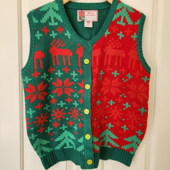 Christmas Sweater Vest Red Green Ugly Sweater Party Festive Holiday Winter Cute - Picture 2 of 8